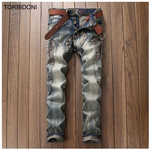 

wholesale- 2017 men patchwork jeans retro fashion denim famous designer casual straight hole jeans men biker jeans personality multi pocket, Blue