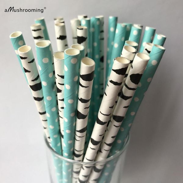 

wholesale- 25 x birch tree woodland theme paper straws white dot on solid light blue party straws cake lollipop sticks wedding decor