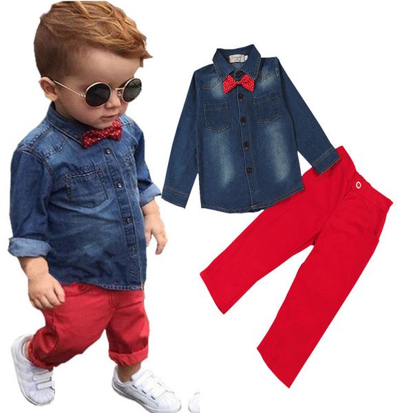 

2018 new fashion kids clothes spring autumn baby boys sets kids long sleeve denim bowknot shirt+red pants 2pcs, White