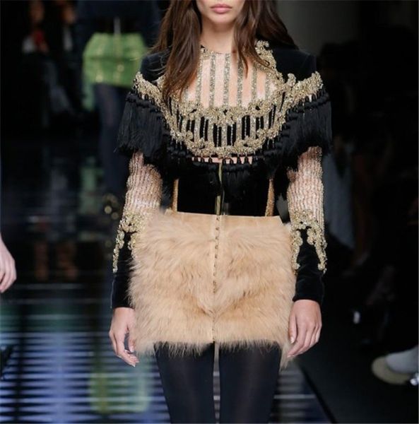 

High Quality 2017 Designer Top Women's Long Sleeve Blouses Luxury Handwork Beading Tassel Crop Top Tee Shirt