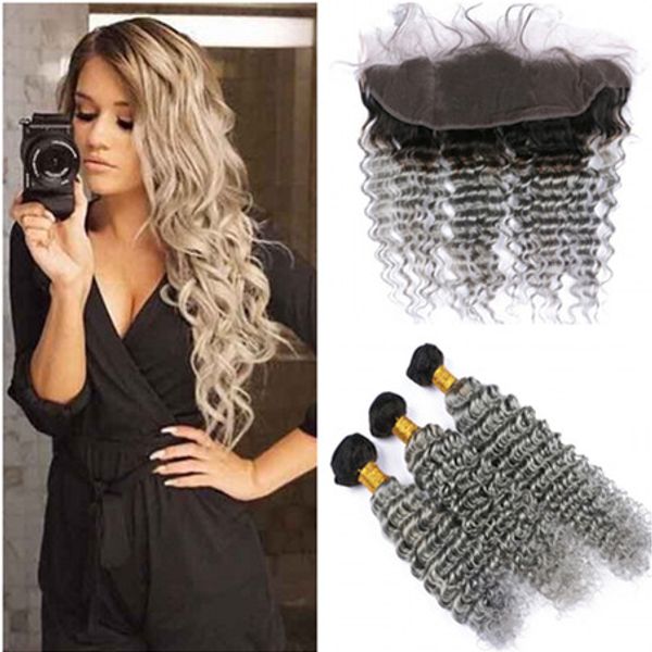 2019 Brazilian Deep Wave 1b Grey Ombre Hair With 13x4 Lace Frontal 2tone 3bundles With Frontal Brazilian Silver Grey Hair Bundles With Frontals From