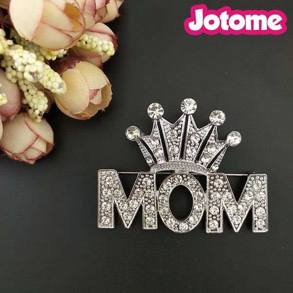 50 Teile/los Silber Ton Muttertag Geschenk Broschen Crown MOM Strass Kristall Brosche Pin Für Anzug