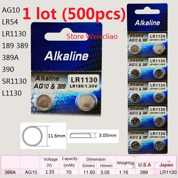 

500 шт. 1 лот AG10 LR54 LR1130 189 389 389A 390 SR1130 L1130 1.55 В щелочные кнопки батареи монета батареи Бесплатная доставка