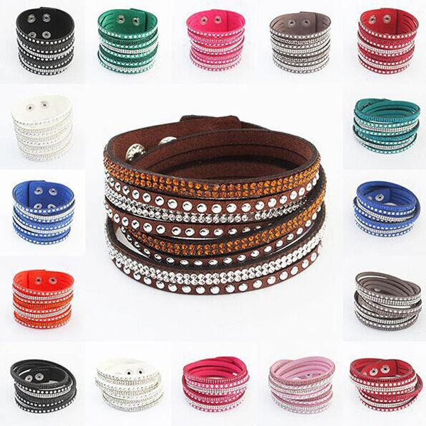 

selling rhinestone crystal multilayer bracelets bangles flannel leather wrap bracelet wristbands for women snap button jewelry 40cm gift, Black