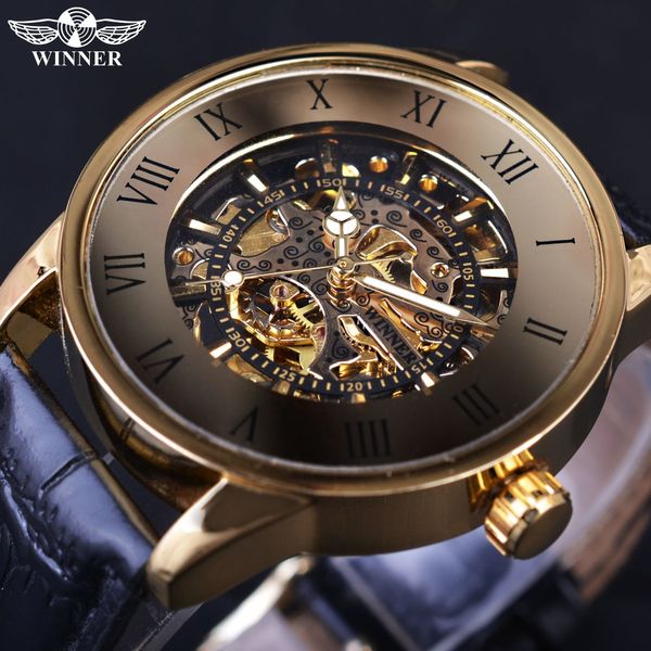 Gewinner 2022 Bronze Retro Design Römische Zahlenanzeige Goldenes Uhrwerk Skelett im Inneren Herrenuhr Top-Marke Luxus mechanische Uhr