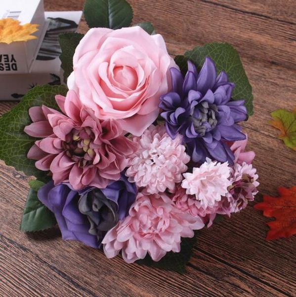 Acheter Fleurs De Soie Bouquet De Mariage Roses Dahlias Fleurs Artificielles Tombent Vif Faux Feuille De Mariage Fleur Bouquets De Mariée Décoration