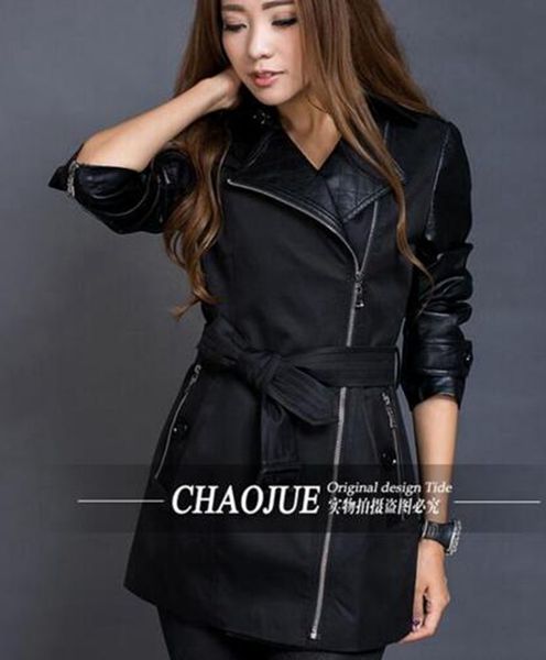 

women in the spring and autumn fashion handsome long thin zipper spell leather trench coat of cultivate one's morality / s-3xl, Black