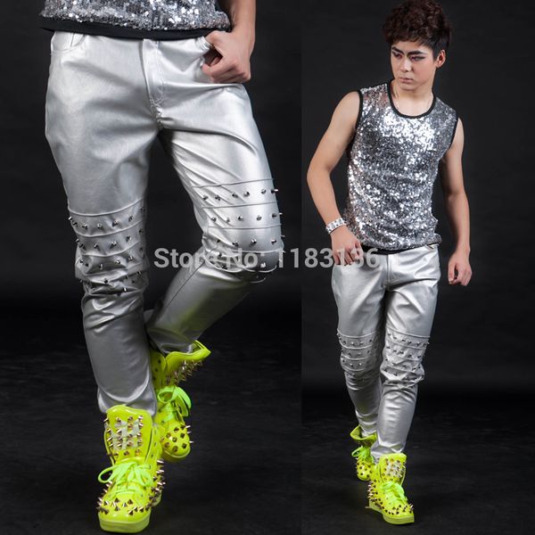 

pu red silver white leather rivets trousers pants costume black ds performance fashion jazz dancer wear metal slim nightclub bar singer 2017