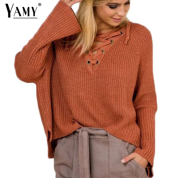 

wholesale- lace up solid knitted autumn sweaters women flare sleeve v-neck casual loose sweaters and pullovers knitting womens jumpers, White;black