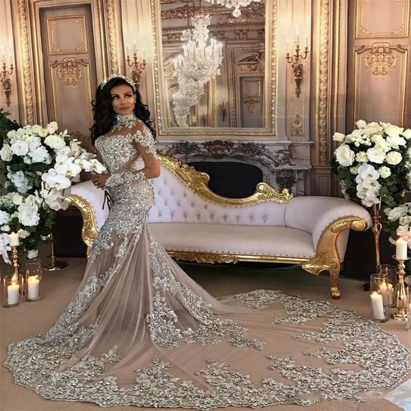 Splendido abito da sposa maniche lunghe collo alto Sheer Scollatura Vedere attraverso abiti da sposa sirena Appliques di pizzo Perline Paillettes Abito da sposa