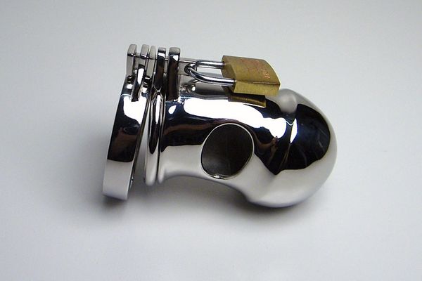Dispositivo di castità maschile di ultimo stile Gabbia per feticci Gabbie per cazzi in acciaio inossidabile biciclico Pene bloccato BDSM Gear