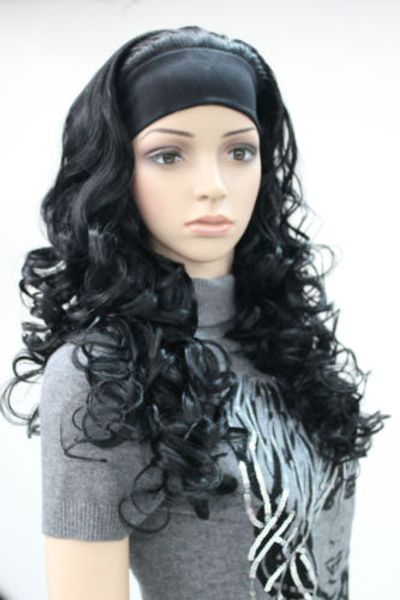 Ultimo stile 3/4 con fascia per capelli parrucche lunghe da donna lunghe ricci nere