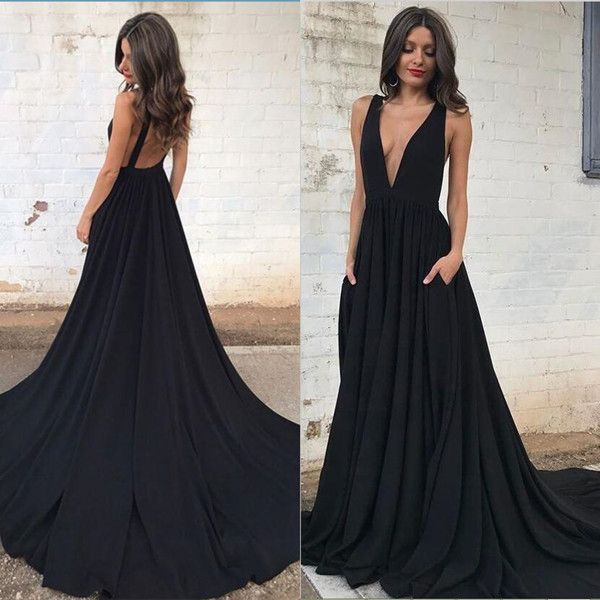 

2017 black deep v-neck evening dresses open back with pocket evening party gowns prom dresses customize, Black;red