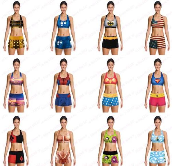 

2016 popular girls sports bras +running shorts batman superman spider-man zombie muscles wonder women 3d printing sports set, White;red