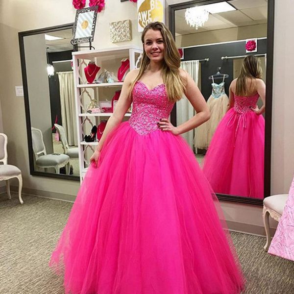 Wunderschönes fuchsiafarbenes Tüll-Korsett-Abschlussballkleid, herzförmiger Schatz, ärmelloses Spitzenapplikationen-Top, Quinceanera-Kleider, Ballkleid-Abschlussballkleider