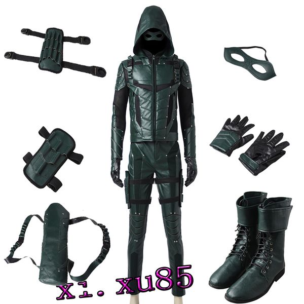 

original exclusive green arrow season 5 oliver queen cosplay costume customize full suit any size custom made with boots quiver, Black;red