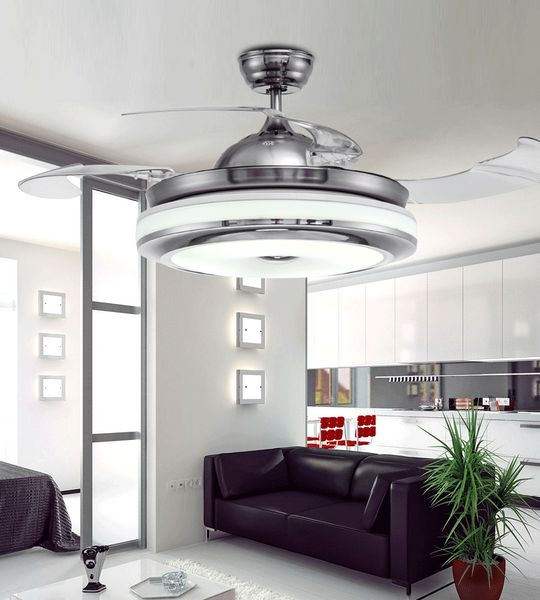 2019 Invisible Retractable Blades Chrome Ceiling Fan 42 Inch Modern Simple Fan Chandelier With Lights For Living Room Bedroom Home Ceiling Light From