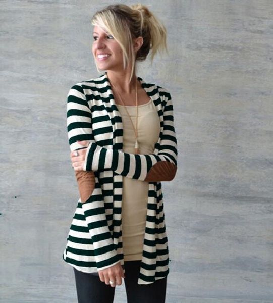 

оптовая продажа-осень женщины повседневная кардиган тонкий полосатый свитер открыть вязать пальто с длинным рукавом локоть лоскутное трикота, Tan;black