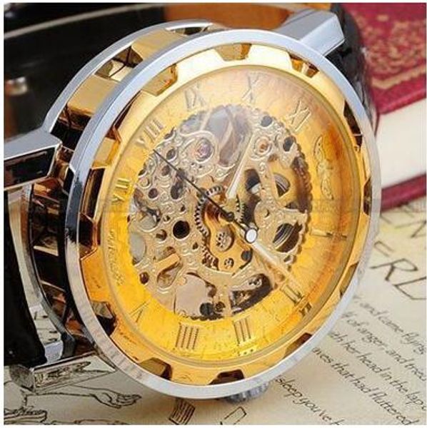 

winner watch men skeleton automatic mechanical watch gold vintage watchskeleton mens watch brand luxury, Slivery;brown