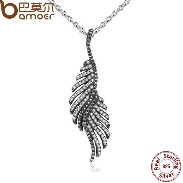 

wholesale-bamoer new arrival 925 sterling silver majestic feathers pendants necklaces with clear cz female fine jewelry psn005