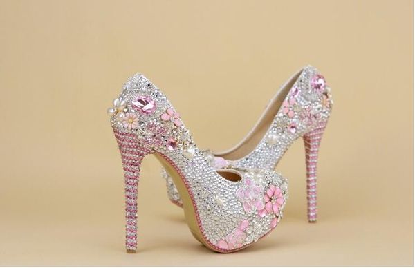 

Оптовая Золушка обувь Серебряный Кристалл и розовый бисером высокие каблуки Пром вечерняя обувь роскошные свадебные невесты ручной работы свадебные туфли 02