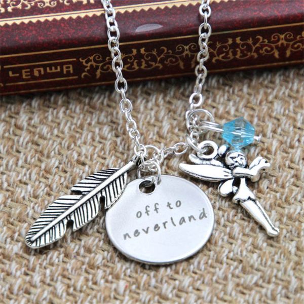 

12pcs/lot peter pan inspired off to neverland necklace blue crystals feather elf charm never land silver tone