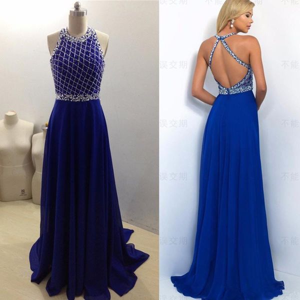 

saudi arabia royal blue prom dresses halter neck sleeveless criss-cross back a line real simple crystal beaded chiffon evening party dress, Black