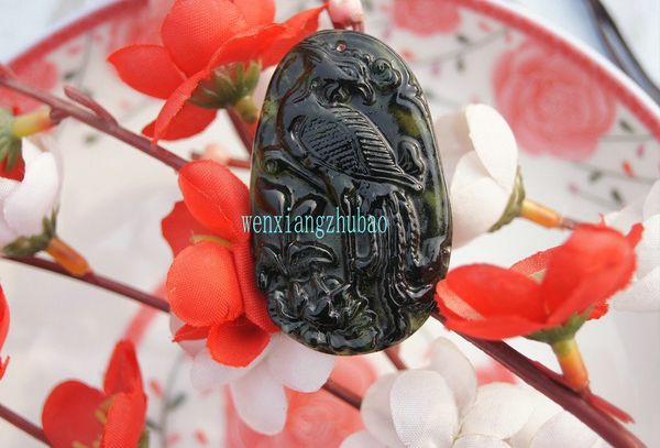 

hand-carved natural green, dark green, antique jade pendant. the oval peony peony phoenix is lucky necklace pendant., Silver