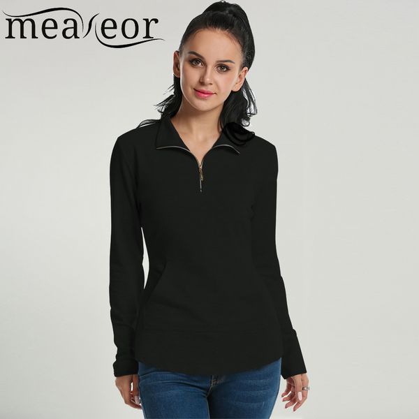 

wholesale- meaneor autumn women sweatshirts 2017 fashion long sleeve turn-down neck solid slim half zip pocket casual hoodies 4 color, Black