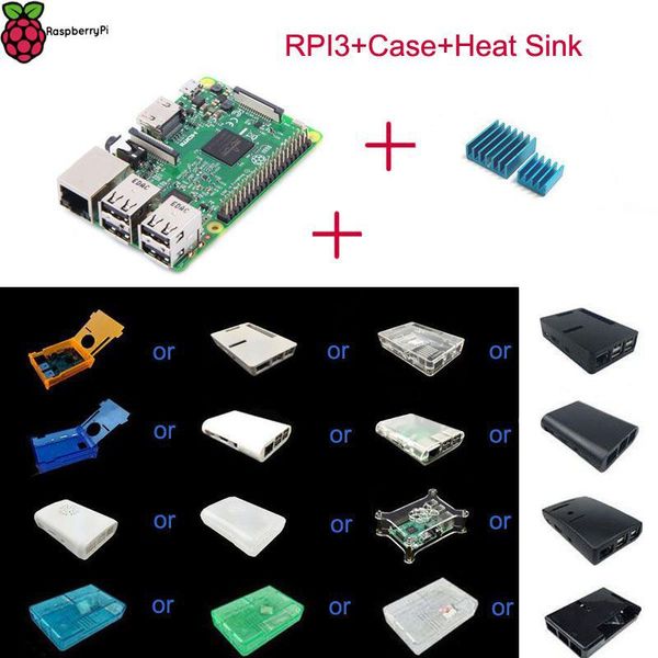 Freeshipping Raspberry Pi 3 Modelo B + ABS Caso + Azul Alumínio Dissipador de Calor RPI 3 com 1GB de RAM 1.2GHz ARM Quad-Core 64 Bit CPU