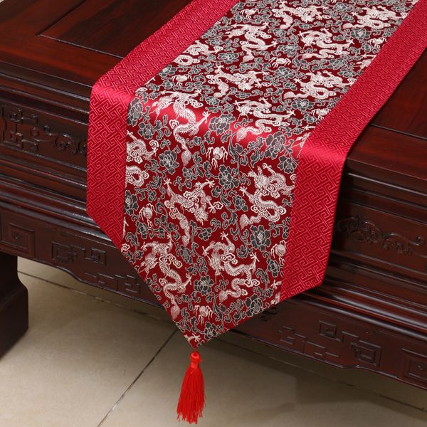 120 polegadas Extra Longo Dragão Patchwork Table Runner High End Estilo Chinês Brocado De Seda De Mesa De Jantar Pano De Proteção Pads Placemat 300x33 cm