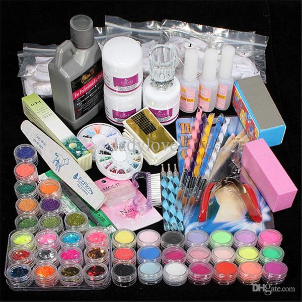 

42 acrylic liquid glitter clipper primer file nail art tips tool brush tools set kit new