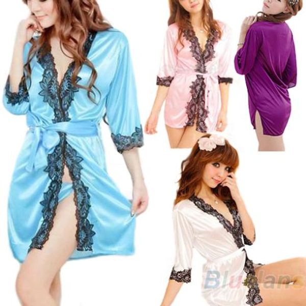 

wholesale- bluelans lingerie underwear set faux silk lace work sleepwear bathrobe bath robe nightgown for women 4 colors, Black;red