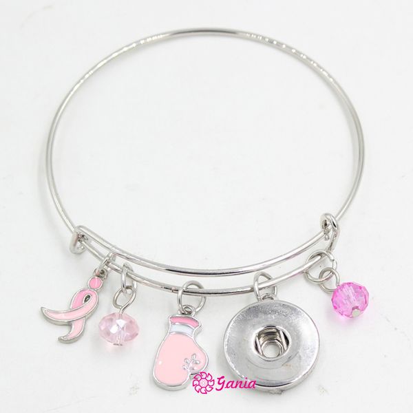 Nuovo arrivo Snap Jewelry Consapevolezza del cancro al seno Nastro rosa Scatola da combattimento Guanto Bracciale espandibile regolabile con bottoni a pressione per donna