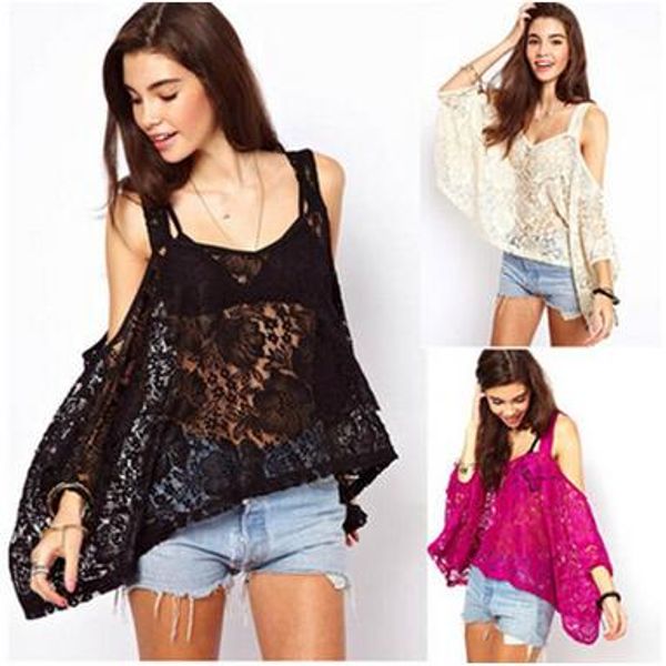 

new fashion women's summer lace u neck t shirt off shoulder casual loose ns, White