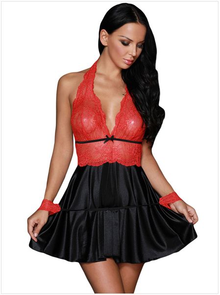

womens lace patchwork babydoll sleepwear halter nightwear mesh lingerie outfits size: s  l dlm31052, Black;red