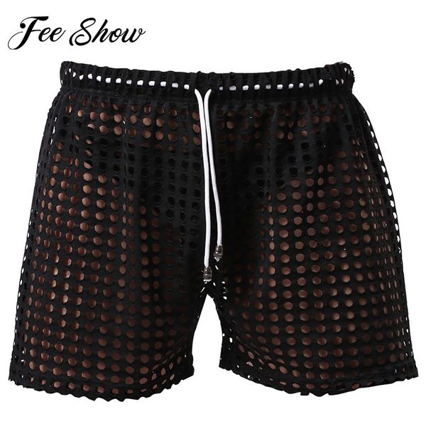 

wholesale- men hollow out drawstring lounge shorts mens casual loose solid see through breathable and comfy shorts sz m, White;black