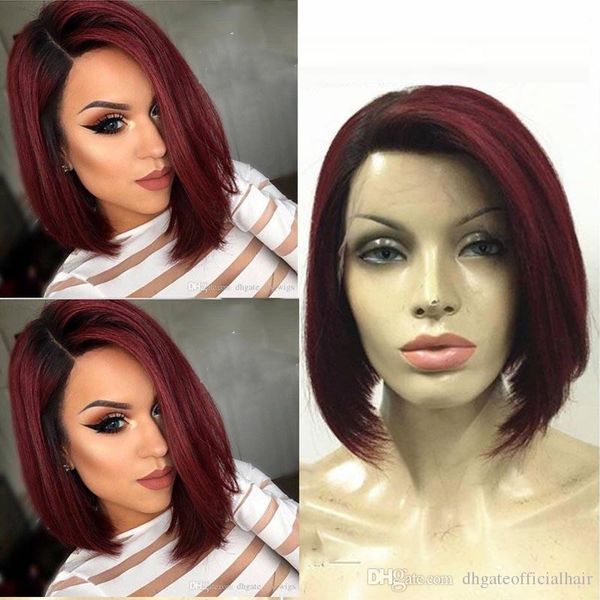 

ombre black to 99j human hair lace front wig glueless black root ombre red short straight bob cut hair wigs for women, Black;brown