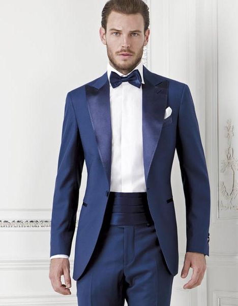 Классический стиль жених смокинги друзья жениха одна кнопка синий пик лацкане Шафер костюм свадьба мужской пиджак костюмы (куртка+брюки+ремень+галстук) K262