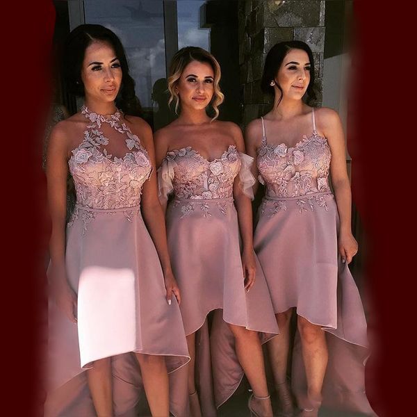 Dusty Pink High Низкие платья подружки невесты 2018 кружевные аппликации Halter Off Flog Spaghetti Bridesmaid платья дешевые свадебные гость.