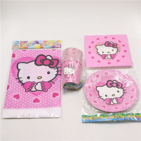 

wholesale- 33pc\lot kids favors paper plates cups disposable hello kitty tablecover birthday party decoration napkins baby shower supplies