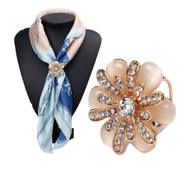 

wholesale- rhinestone crystal gold plated flower scarf brooch pins opal stone flower scarf clips for women wedding party 3792, Gray