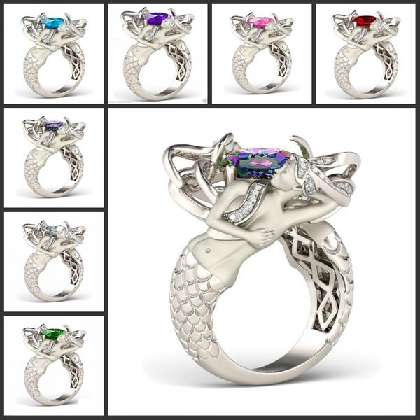 Tamanho 5-10 Mystic Rainbow Topázio Colorido Cz Diamond Sterling Sier Charmoso Sereia Banda Anel Presente Especial Design Único Moda Jóias