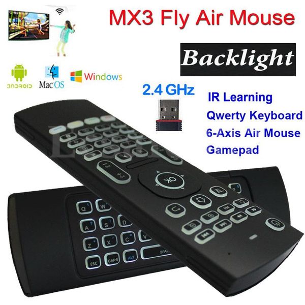 

mx3 backlight wireless keyboard with ir learning 2.4g wireless remote control fly air mouse backlit for android tv box pc i8 t3