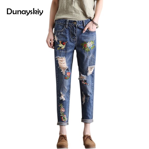 

wholesale- women ripped embroidery jeans hole trousers femme vintage female 2017 ladies blue denim pants pencil casual brand fashion jeans