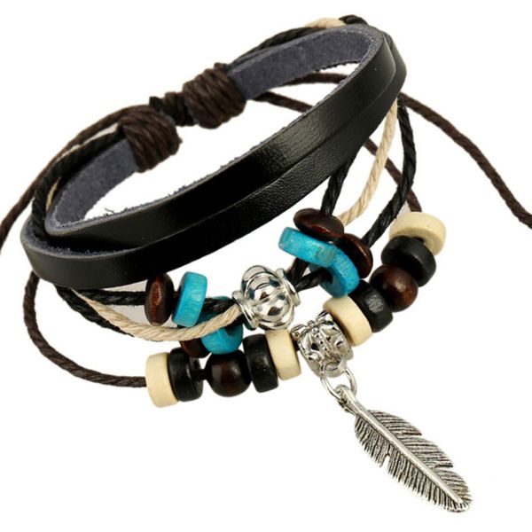 

punk bracelets jewelry vintage fashion beads alloy leaf leather rope knitted chram bracelets wholesale br457, Golden;silver
