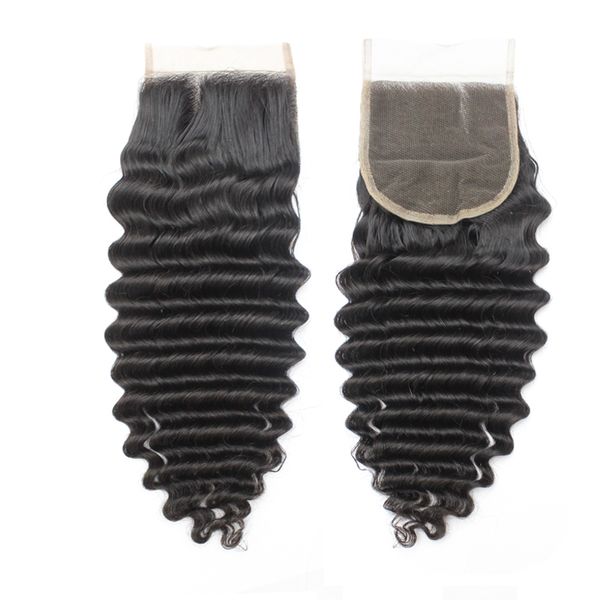 100 Virgin Peruan Top Feches Human Hair 4x4 Remy Brazilian Remy Deep Ondulado Laço Fechamentos Cabelo 1B Parte média 130% 10 