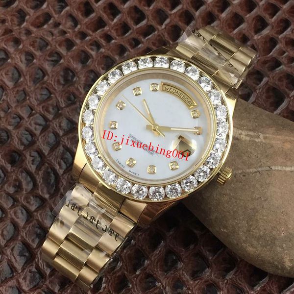 

sapphire fashion mens watches gold president day-date big diamonds mother pearl dial diamond bezel stainless automatic mens watches, Slivery;brown