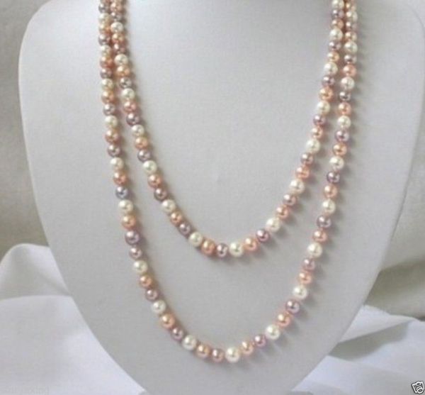 

natural 7-8mm white pink purple freshwater pearls necklace 50", Silver