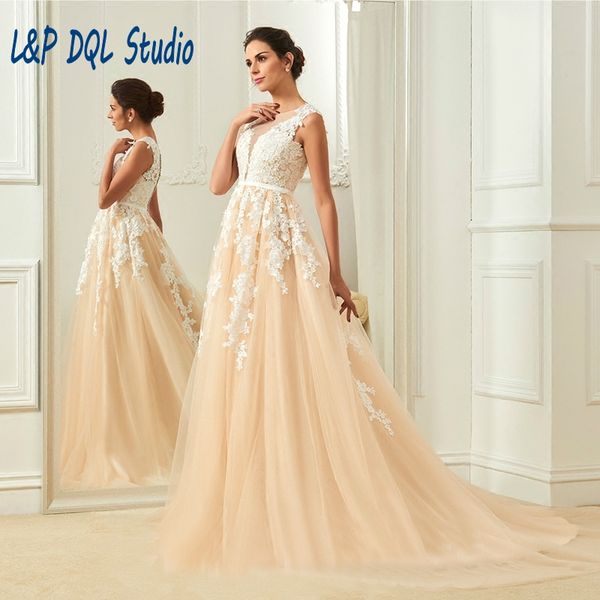 

eye catching champagne wedding dresses with ivory lace buttons back court train pleats tulle european style bridal gowns, White